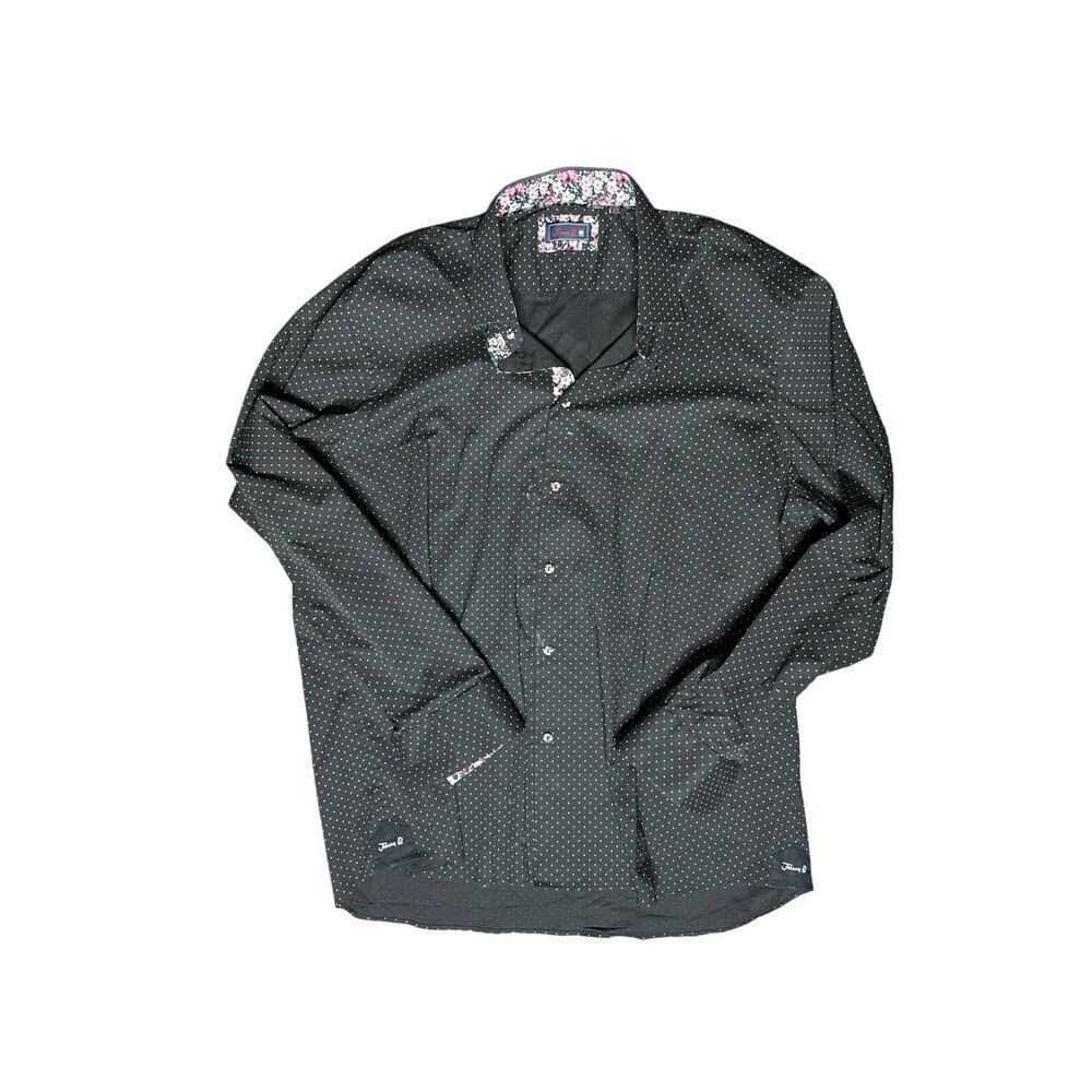 Jonny D Men’s Xl Black White Polka Dot Button Down Shirt Floral Trim